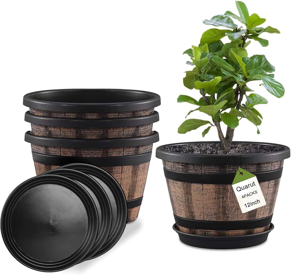Quarut Plant Pots Set of 4 Pack 12 inch,Large Whiskey Barrel Planters